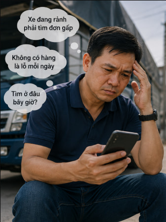 Chủ xe tải ngồi bên xe, lo lắng nhìn điện thoại: xe đang rảnh phải tìm đơn gấp, không có hàng là lỗ mỗi ngày, tìm ở đâu bây giờ